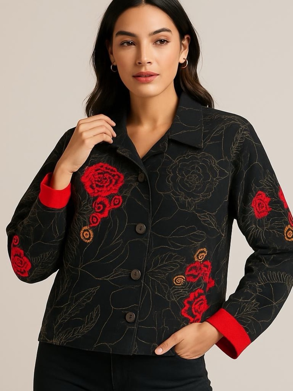 Classic Elements Black‎ Jacket with Red and Orange Embroidery Size L